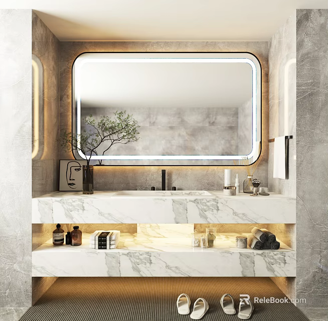 Modern Bathroom Vanity With Marble Countertop Backlit Mirror Green Plant And Gray Walls 3d model 