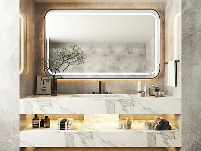 Modern Bathroom Vanity With Marble Countertop Backlit Mirror Green Plant And Gray Walls 3d model
