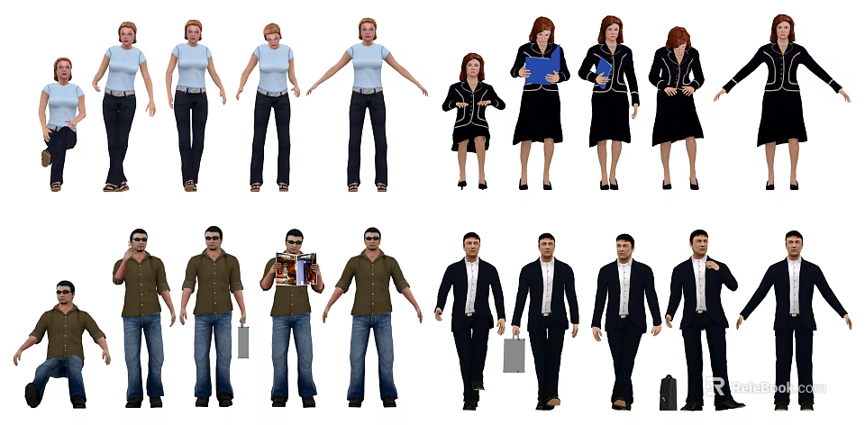 Group of People in Various Clothing Styles Casual and Formal Wear with Different Poses 3d model 