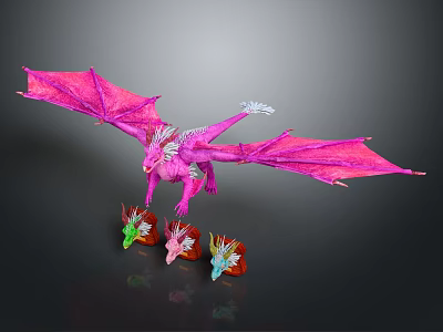 Vibrant Pink Flying Dragon with Large Wings and Small Colorful Baby Dragons 3d model