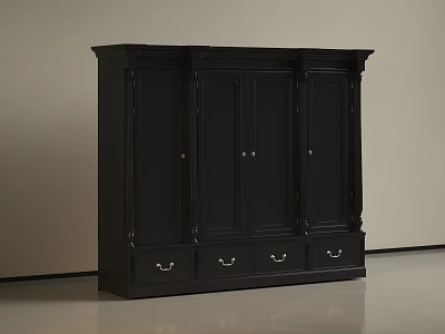 Classic Black Wooden Wardrobe With Four Doors And Three Drawers 3d model