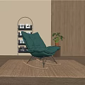 Green Velvet Leisure Chair in Modern Interior with Potted Plant and Bookshelf