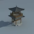 Two Story Traditional Chinese Wooden Pavilion Featuring Flying Eaves Staircase And Blue Sky White Clouds