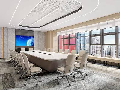 Modern Conference Room Interior Design With Long Table Multiple Chairs And Large Screen Windows 3d model
