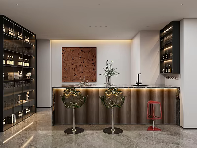 Modern Bar Area Interior Design With Wine Racks Decorative Painting Potted Plant And Bar Stools 3d model
