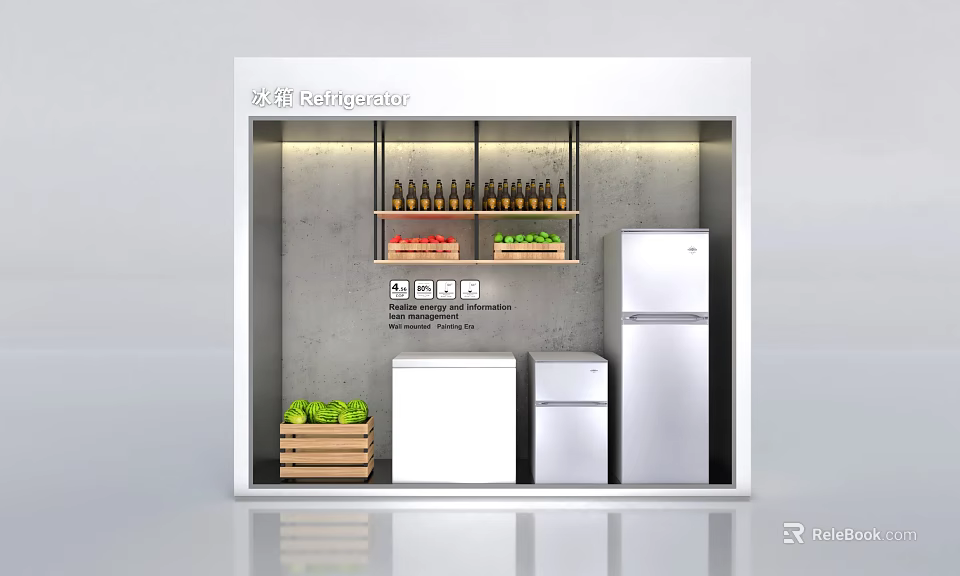 Retail Window Display Featuring Wall Shelves Bottles Fruits Vegetables And White Refrigerators 3d model 
