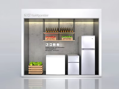 Retail Window Display Featuring Wall Shelves Bottles Fruits Vegetables And White Refrigerators 3d model