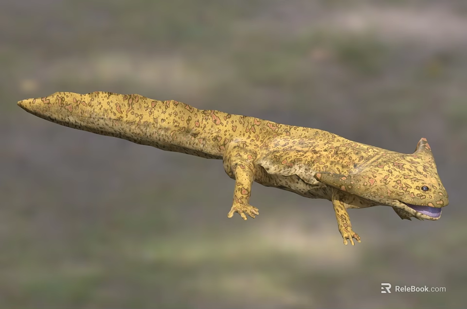 Yellow Spotted Reptile With Long Body Short Legs And Open Mouth In Natural Habitat 3d model 