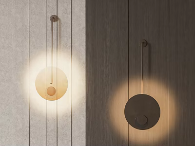Modern Circular Wall Lamps on Light Textured And Dark Wooden Walls With Warm Glow 3d model