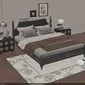 Elegant Double Bed With Black Headboard Pillows Blanket Nightstands Table Lamps Wall Art And Rug