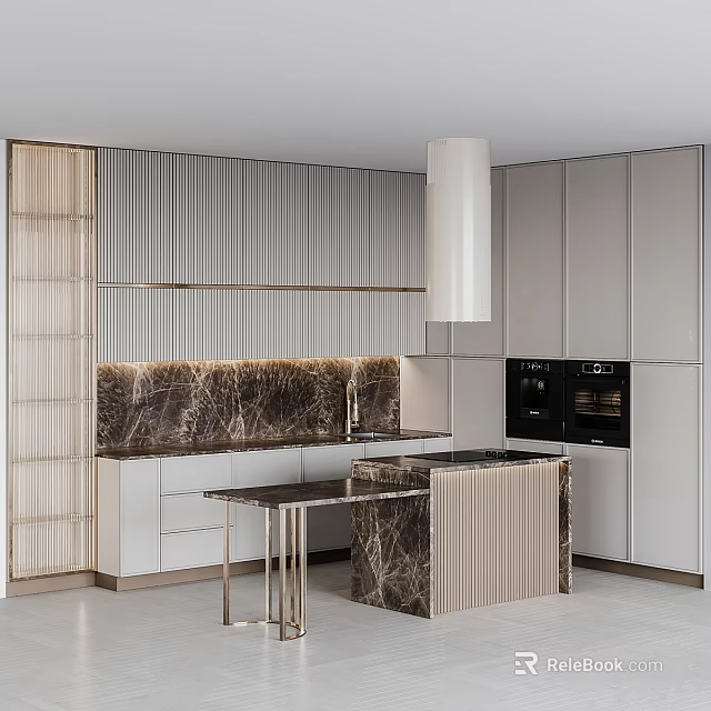 Modern Kitchen Interior With Sleek Cabinets Marble Island And Range Hood 3d model 