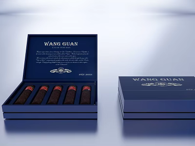Wang Guan Cigar Gift Box Open Blue Interior With Five Premium Cigars 3d model