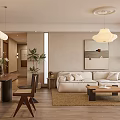 Warm Modern Living and Dining Room Interior With Beige Sofa Coffee Table And Pendant Lights