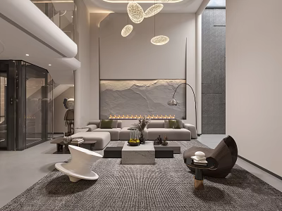 Modern Duplex Living Room Design With High Ceiling Pendant Lights Sofa And Stone Feature Wall 3d model