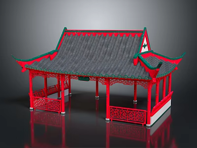 Cartoon Style Chinese Traditional Pavilion With Red Pillars Green Eaves And Carved Railings 3d model