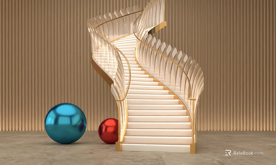 Modern Luxurious Spiral Staircase With Golden Handrail White Steps Blue Red Spheres And Wooden Background 3d model 