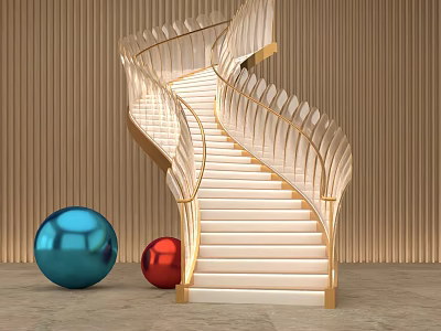 Modern Luxurious Spiral Staircase With Golden Handrail White Steps Blue Red Spheres And Wooden Background 3d model