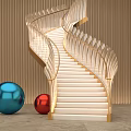 Modern Luxurious Spiral Staircase With Golden Handrail White Steps Blue Red Spheres And Wooden Background