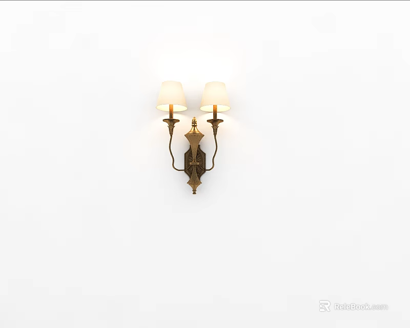 Classic Vintage Wall Lamp With Double White Shades Brass Finish Mounted On White Wall 3d model 