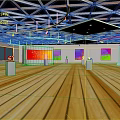 Vibrant Interior Exhibition Space With Wooden Ceiling Yellow Floor Colorful Artworks And White Pedestals