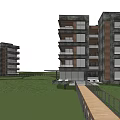 Multi story Boutique Guesthouse with Large Windows Balconies Lush Green Trees and Wooden Walkway
