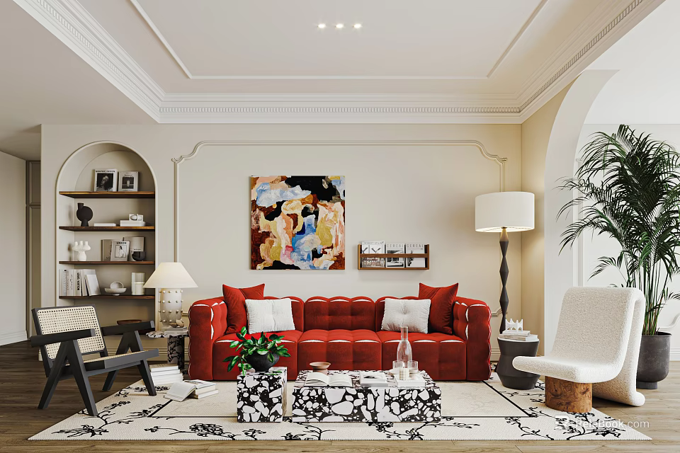 Elegant Modern Living Room Interior With Red Sofa White Armchair Rug Wall Art And Plant 3d model 