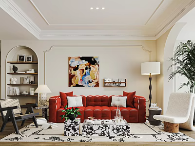 Elegant Modern Living Room Interior With Red Sofa White Armchair Rug Wall Art And Plant 3d model