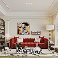 Elegant Modern Living Room Interior With Red Sofa White Armchair Rug Wall Art And Plant
