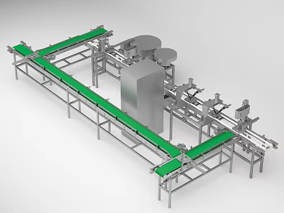 Automated Industrial Conveyor System With Green Belts And Metal Frame Structure 3d model