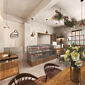Dessert Shop Interior With Glass Display Case Wooden Tables Chairs Pendant Lights And Flower Decorations