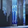 Modern Blue Light Columns Interior With Abstract Patterns And People Walking 3d model