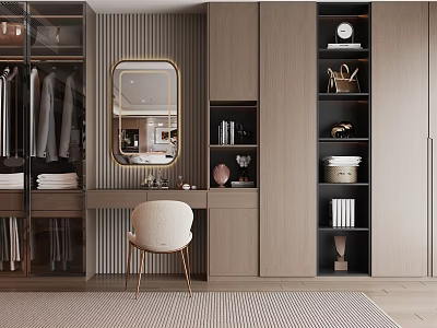 Modern Wardrobe Interior Design With Mirror Dressing Table Chair Shelves And Clothes 3d model