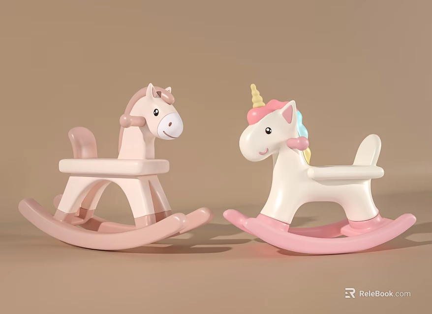 Children's Rocking Toys Pink Traditional And White Unicorn With Colorful Mane On Brown Background 3d model 