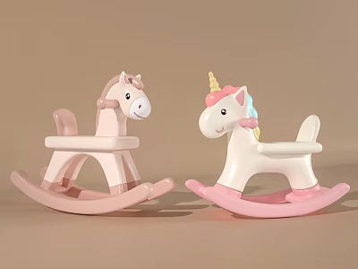 Children's Rocking Toys Pink Traditional And White Unicorn With Colorful Mane On Brown Background 3d model