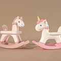 Children's Rocking Toys Pink Traditional And White Unicorn With Colorful Mane On Brown Background