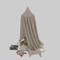 Cozy Beige Canopy Baby Crib With Stuffed Toys And Striped Pillows
