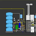 Industrial Equipment System With Blue Water Storage Tanks Pipes White Control Box And Valves