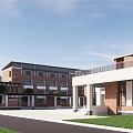 Industrial Factory Complex With Red Brick Multi Story Buildings Connecting Walkway And Landscaping