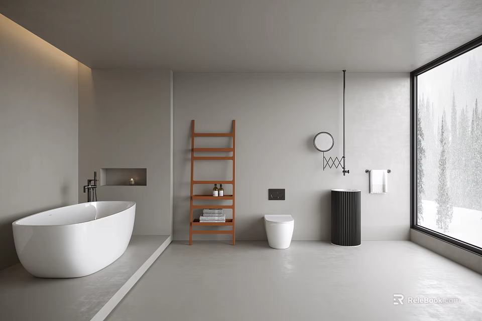 Modern Minimalist Bathroom Interior With White Freestanding Bathtub Wooden Ladder Shelf And Large Window 3d model 