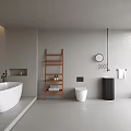 Modern Minimalist Bathroom Interior With White Freestanding Bathtub Wooden Ladder Shelf And Large Window