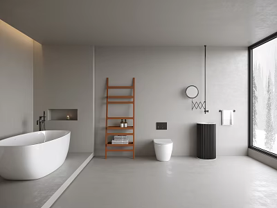 Modern Minimalist Bathroom Interior With White Freestanding Bathtub Wooden Ladder Shelf And Large Window 3d model