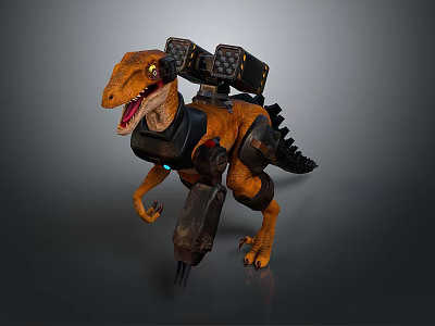 Mechanical Raptor Dinosaur Character with Orange Black Body Mechanical Backpack and Leg Armor 3d model