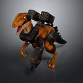 Mechanical Raptor Dinosaur Character with Orange Black Body Mechanical Backpack and Leg Armor