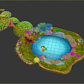 Cartoon Scene Of Small Island With Blue Pond Frog Green Trees And Stones
