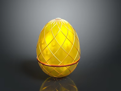 Yellow Egg Shaped Decorative Object With White Grid Pattern And Red Band 3d model