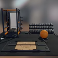 Sports Equipment Setup In Gym With Power Rack Barbells Dumbbells Weight Plates And Exercise Ball