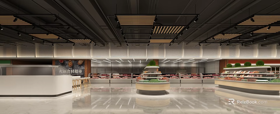 Modern Supermarket Interior With Fresh Meat Displays And Island Layout 3d model 