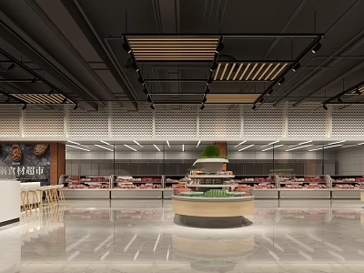 Modern Supermarket Interior With Fresh Meat Displays And Island Layout 3d model