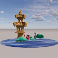 Traditional Stone Tower With Lotus Flowers And Lily Pads On Blue Water