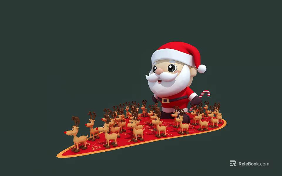 Christmas Themed Art Installation with Cartoon Santa Claus and Reindeer Figures on Red Base 3d model 